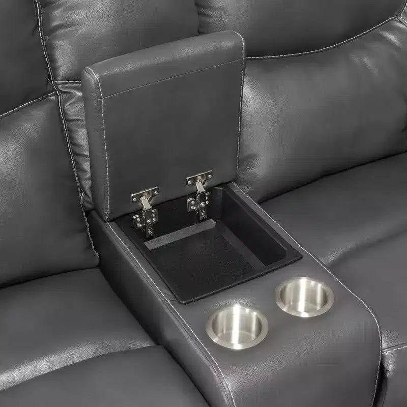 Canapé deux places gris rembourré : avec espace de rangement et porte-gobelet