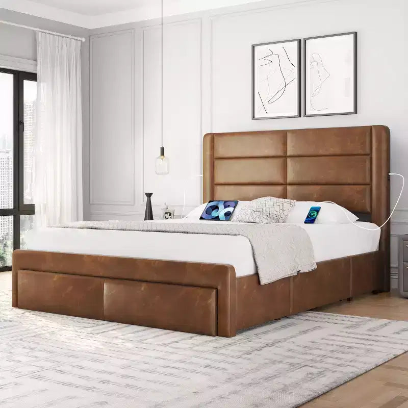 Yaheetech Upholstered Bed Frame with 3 Storage Drawers and Built-In USB Ports