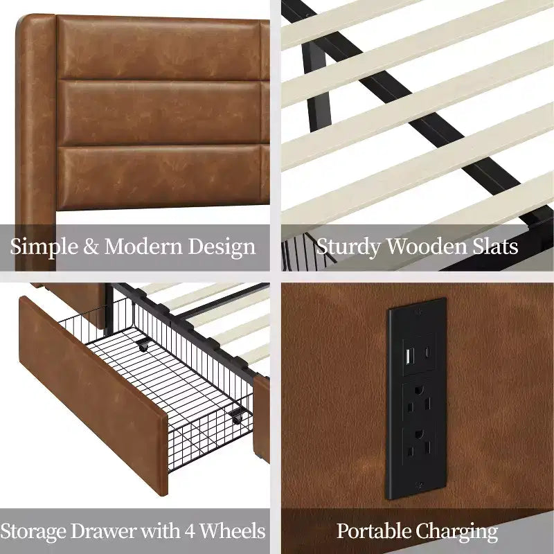 Cadre de lit rembourré avec 3 tiroirs de rangement et un port USB intégré.