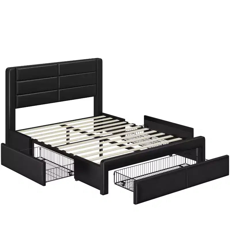 Cadre de lit rembourré avec 3 tiroirs de rangement et un port USB intégré.
