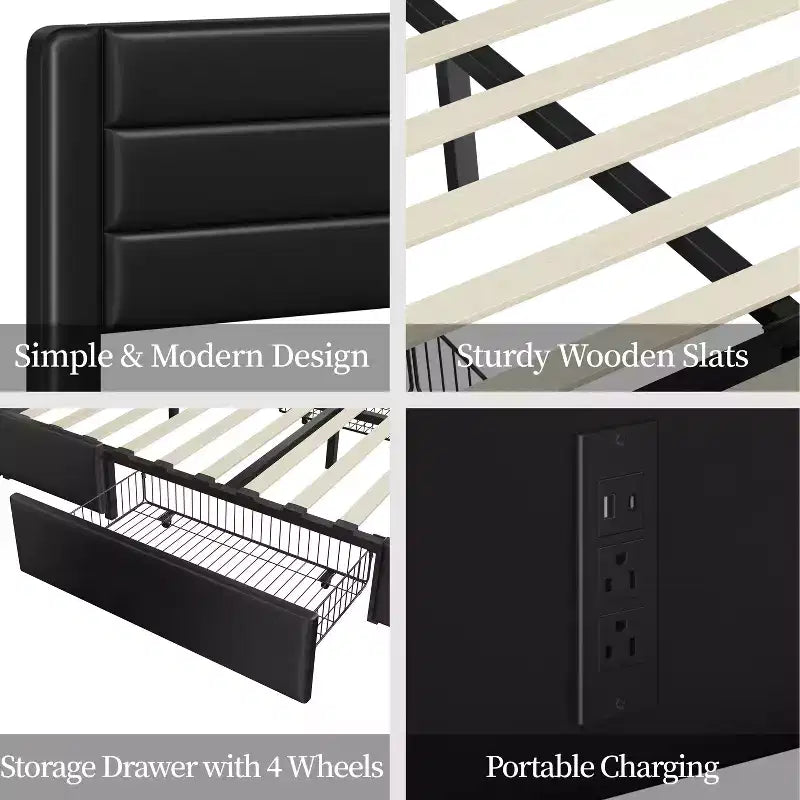Cadre de lit rembourré avec 3 tiroirs de rangement et un port USB intégré.