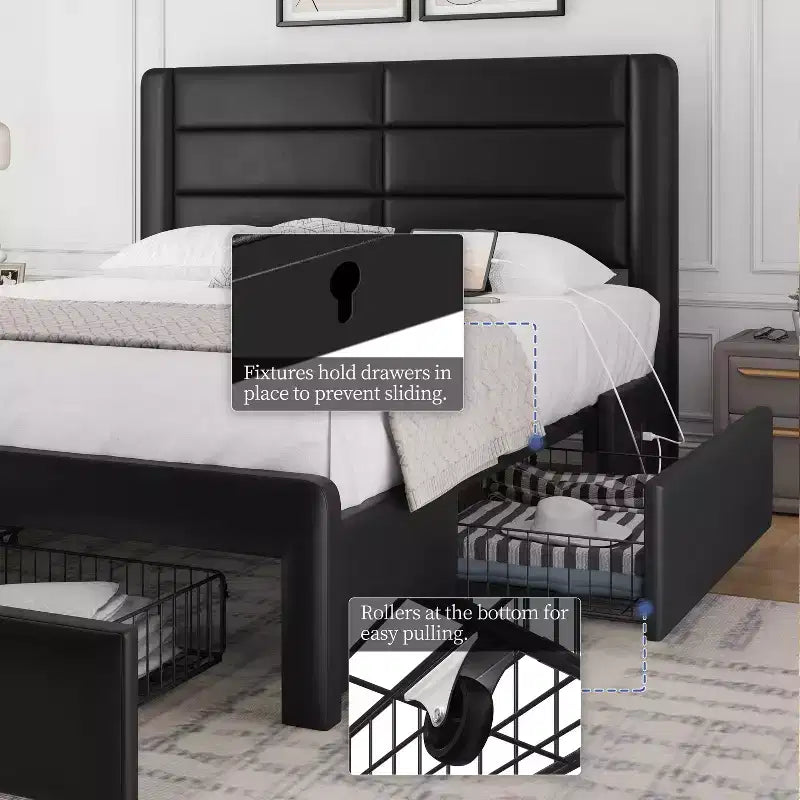 Cadre de lit rembourré avec 3 tiroirs de rangement et un port USB intégré.