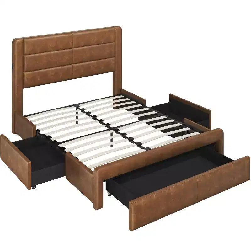 Cadre de lit rembourré avec 3 tiroirs de rangement et un port USB intégré.