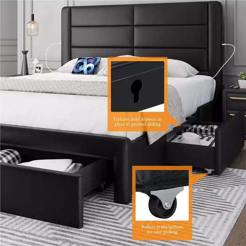 Cadre de lit rembourré avec 3 tiroirs de rangement et un port USB intégré.