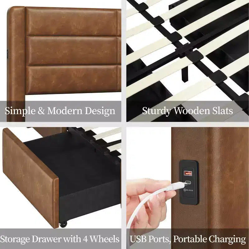 Cadre de lit rembourré avec 3 tiroirs de rangement et un port USB intégré.