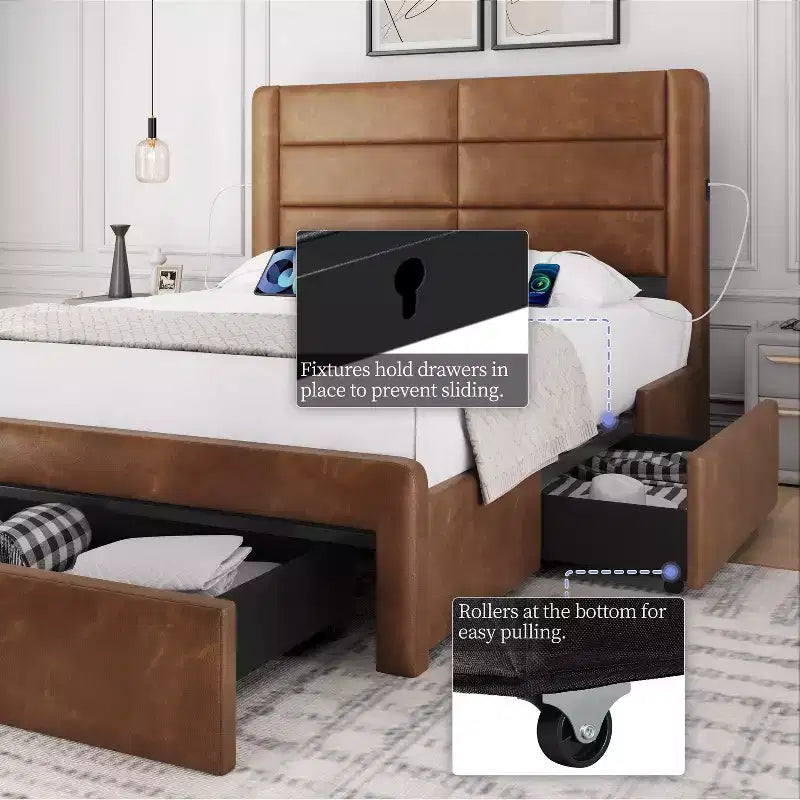 Cadre de lit rembourré avec 3 tiroirs de rangement et un port USB intégré.