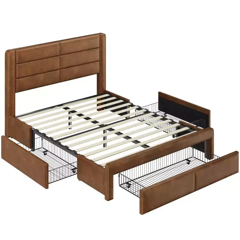 Cadre de lit rembourré avec 3 tiroirs de rangement et un port USB intégré.