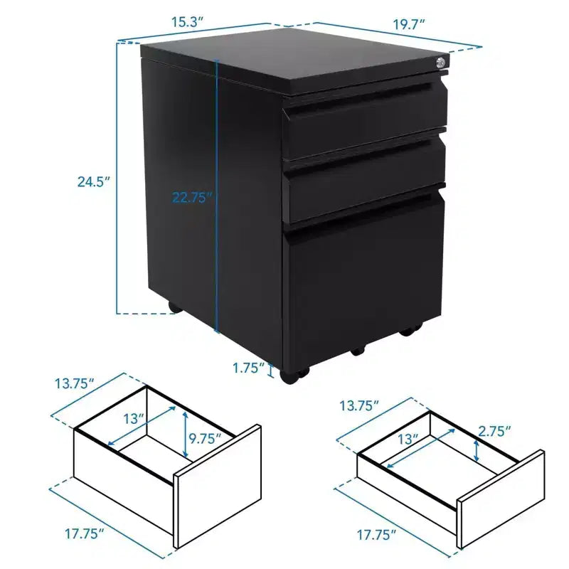 Meuble de rangement à trois tiroirs sous le bureau avec roulettes | avec serrure